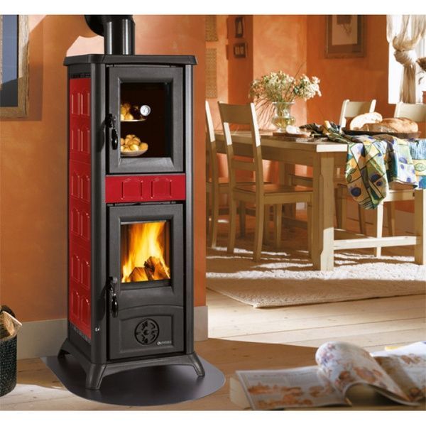 Чугунная печь-камин La Nordica GEMMA FORNO 5.0 7 кВт с варочной поверхностью на дровах (бордовая керамика) 7111720 фото