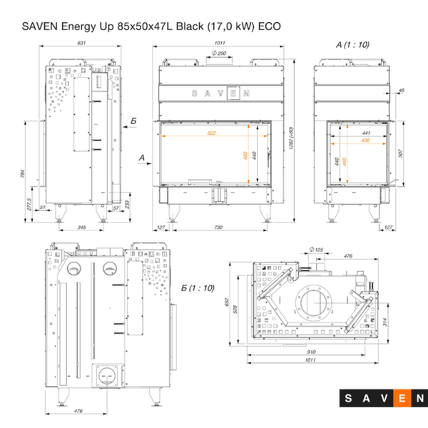 Стальная каминная топка SAVEN Energy Up 85х50х47L 17 кВт ECO с гильотиной и угловым стеклом (черный шамот) SE/85/50/47/L/Up/BL фото