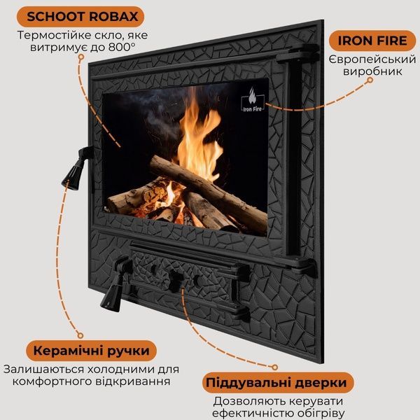 Чавунні дверцята Iron Fire Panorama Lux 580х500 мм для печі/барбекю з вогнетривким склом Robax 1253 фото